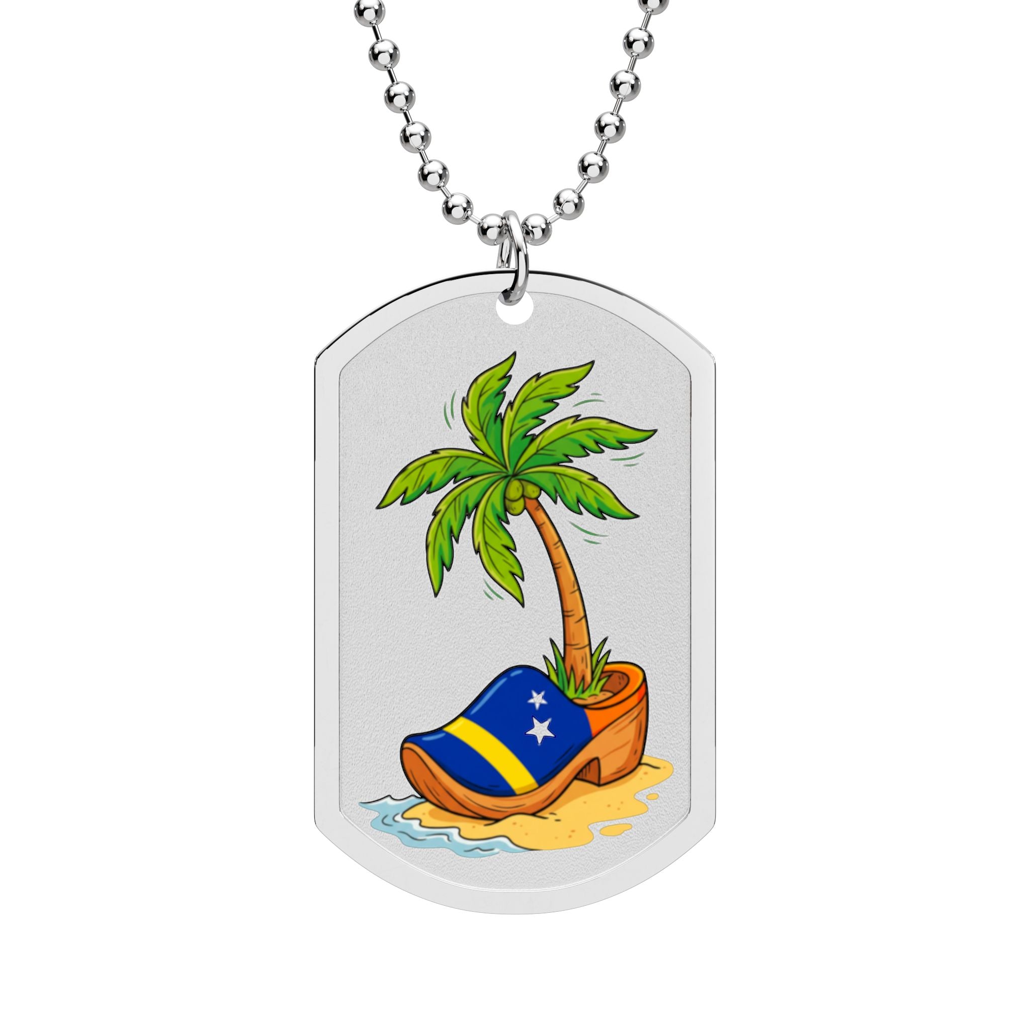 Curaçao Dog Tag Necklace — Tropical Palm Tree with Clog on Sand Charm Sneakers