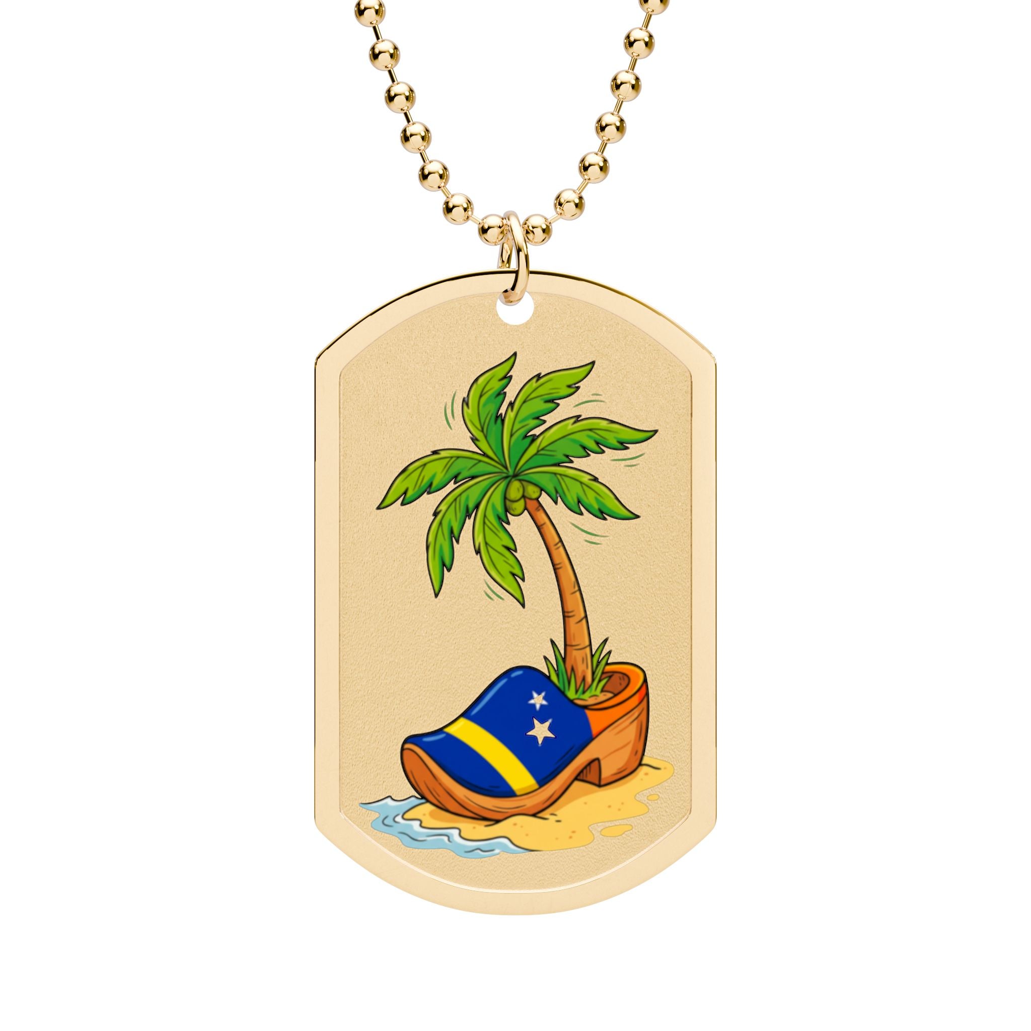 Curaçao Dog Tag Necklace — Tropical Palm Tree with Clog on Sand Charm Sneakers