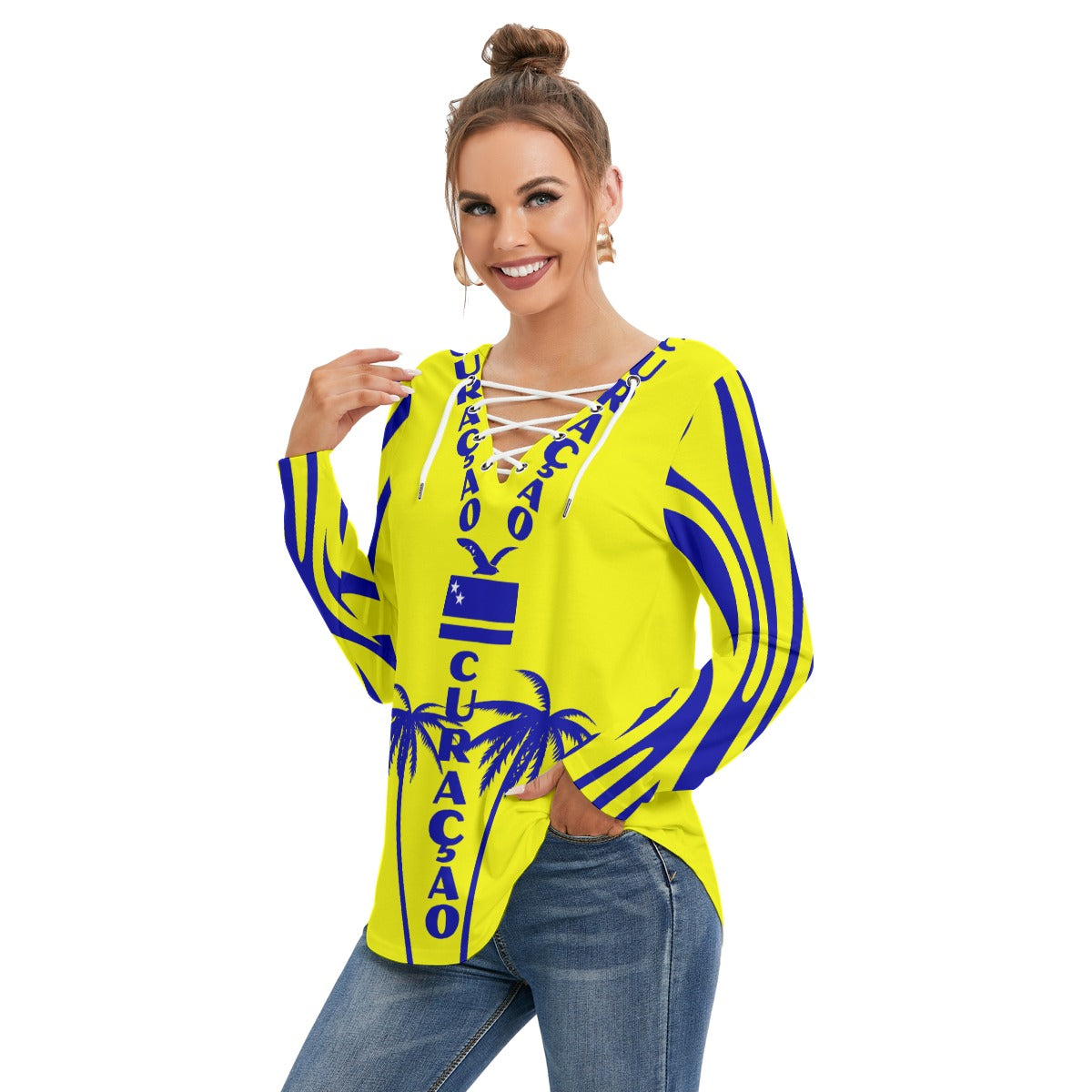 All-Over Print Women's Long Sleeve Neckline Tie Sweatshirt