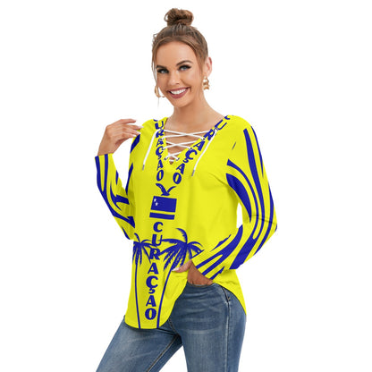 All-Over Print Women's Long Sleeve Neckline Tie Sweatshirt